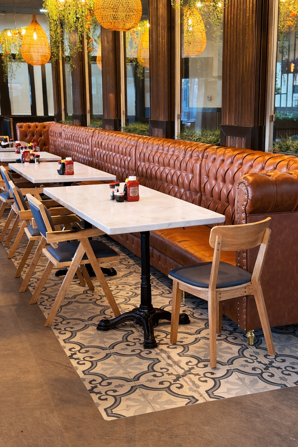 Interior of The Bossy Hen in Myrtle Beach featuring leather banquettes, marble tables, and modern brunch seating